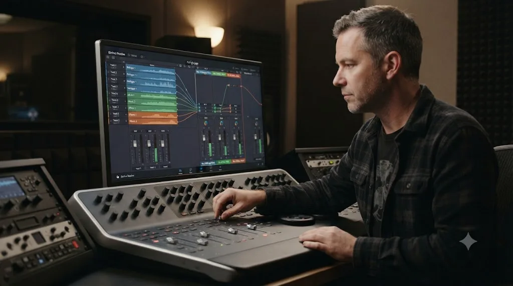 Illustration of DaVinci Resolve Fairlight tracks routed into separate Dialogue, Music, and Effects buses before export
