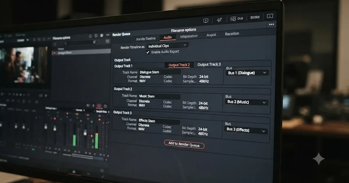 Illustration of the DaVinci Resolve Deliver page audio tab set up to render separate dialogue, music, and effects stems