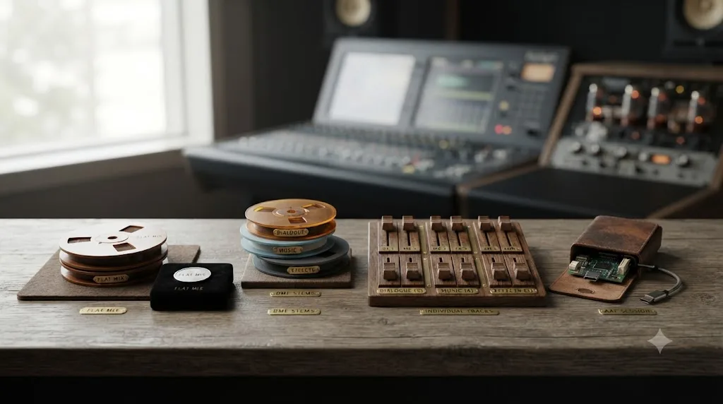 Illustration comparing four DaVinci Resolve audio deliverable types: flat mix, DME stems, individual tracks, and an AAF session
