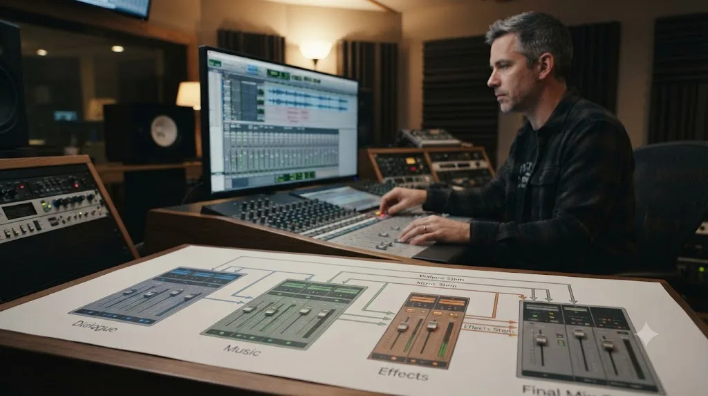 Illustration of dialogue, music, and effects stems feeding into a final mix handled by a separate mixing engineer