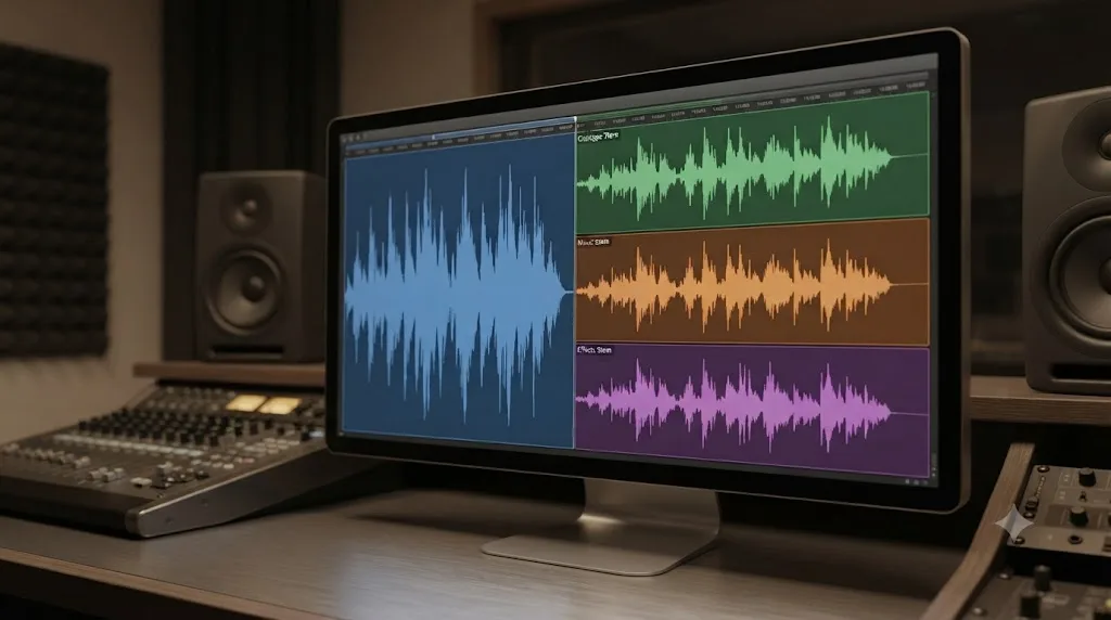Illustration comparing a single flattened stereo mix waveform to three separate dialogue, music, and effects stem waveforms