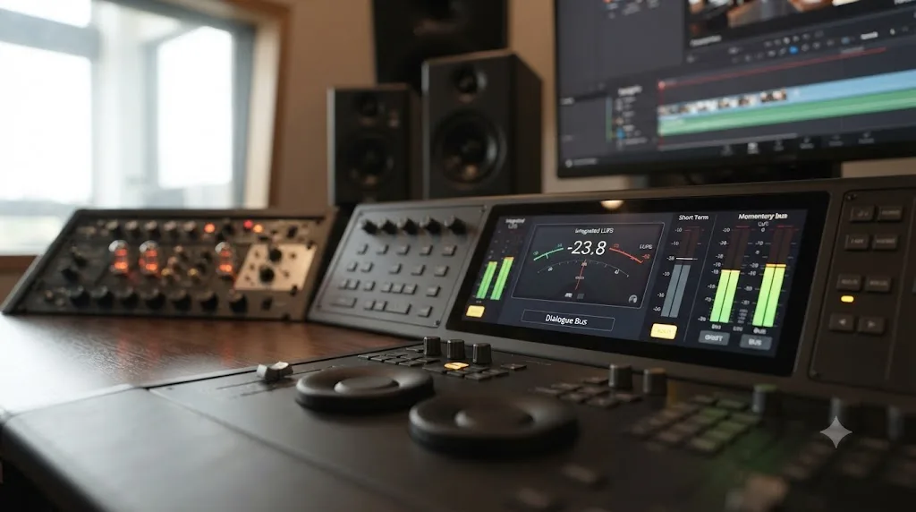 Illustration of the DaVinci Resolve Fairlight Loudness Meter reading Integrated LUFS on a solo'd dialogue bus before stem export