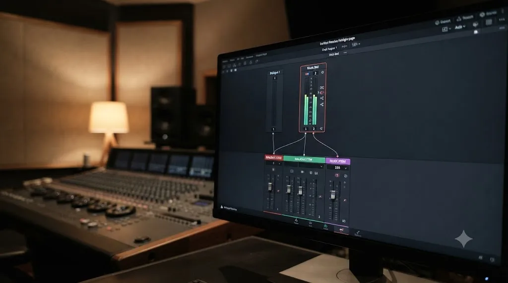 Illustration of mono and stereo DaVinci Resolve Fairlight track headers feeding into separate stem buses