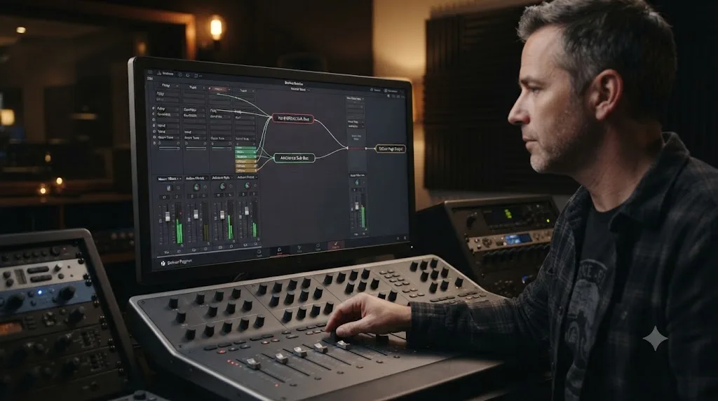 Illustration of two effects sub-buses routed into one master Effects bus for a nested DaVinci Resolve stem structure