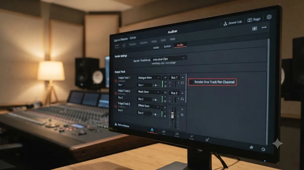Illustration of the DaVinci Resolve Deliver page with three Output Track rows for separate stem buses and the channel-split checkbox unchecked