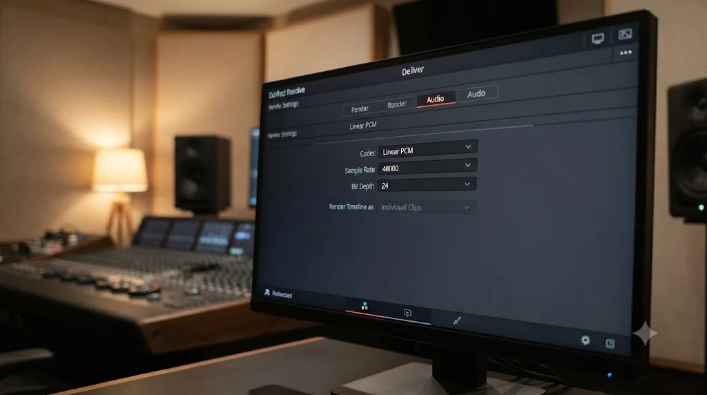 Illustration of the DaVinci Resolve Audio tab with Linear PCM codec, 48kHz sample rate, and 24-bit depth set for a stem export