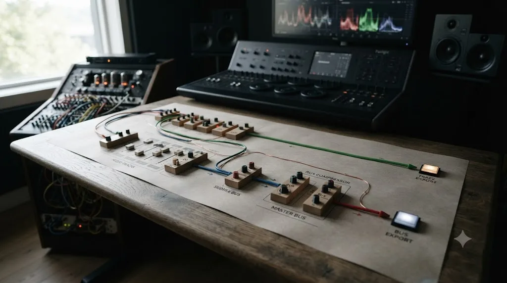 Illustration of a DaVinci Resolve Fairlight signal path showing which processing stages carry into a track export versus a bus export
