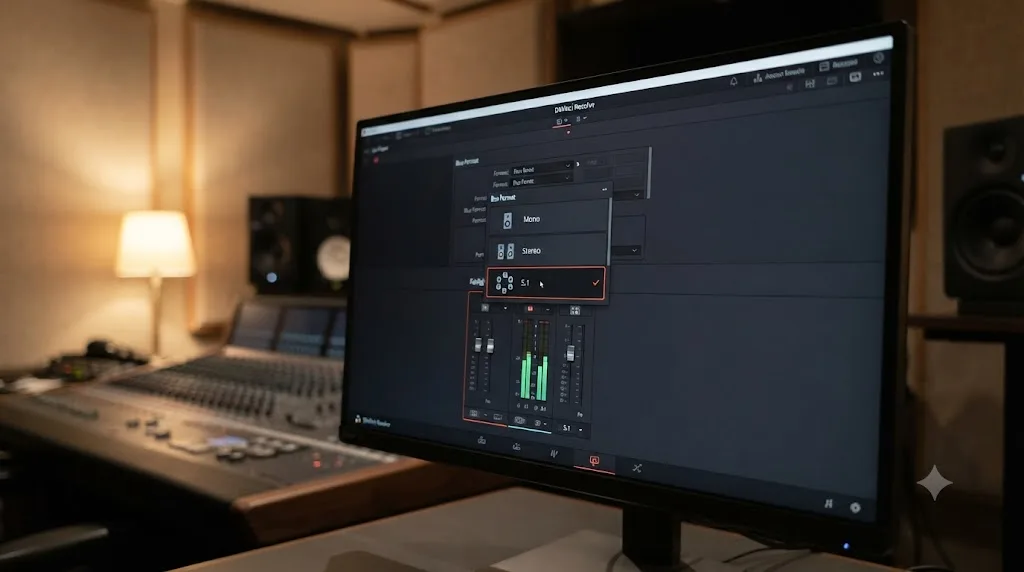 Illustration of the DaVinci Resolve Fairlight bus format menu with a 5.1 surround option selected for a stem export