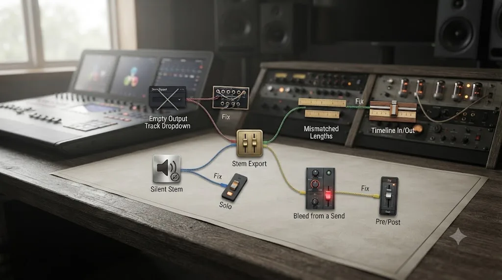 Illustration of a troubleshooting flowchart for common DaVinci Resolve stem export problems and their fixes