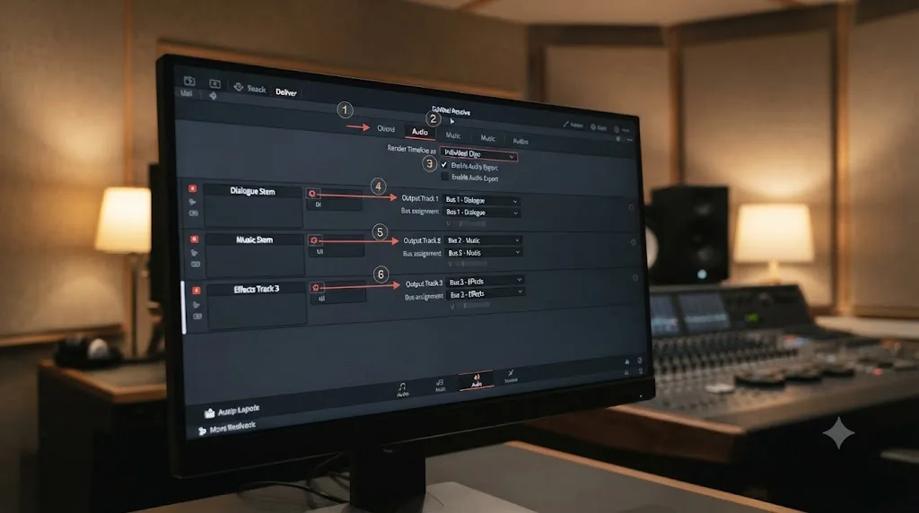 Illustration of a six step numbered workflow for exporting DME stems from the DaVinci Resolve Deliver page