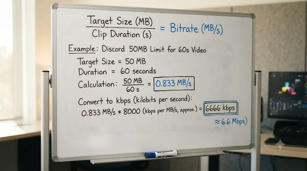 Illustration of a worked bitrate calculation for a Discord export shown as a formula on a whiteboard