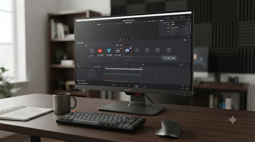 Illustration of a custom Discord export preset saved in the DaVinci Resolve render settings preset strip