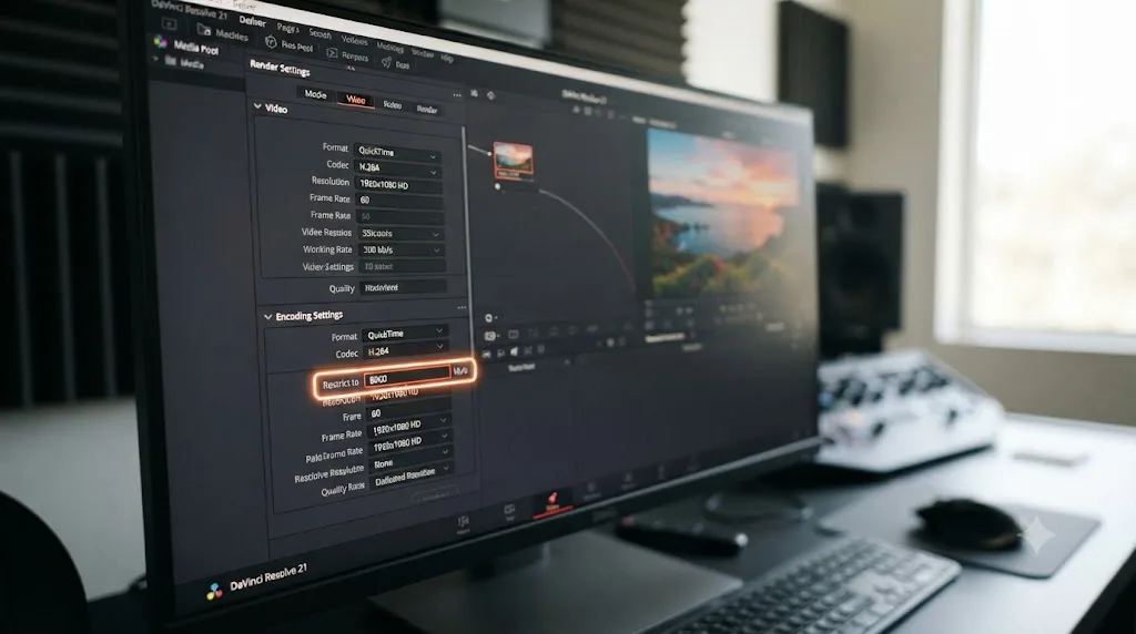 Illustration of the DaVinci Resolve Deliver page with the Restrict To bitrate field highlighted