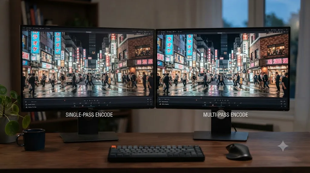 Illustration comparing single-pass and multi-pass encoding results on the same busy scene