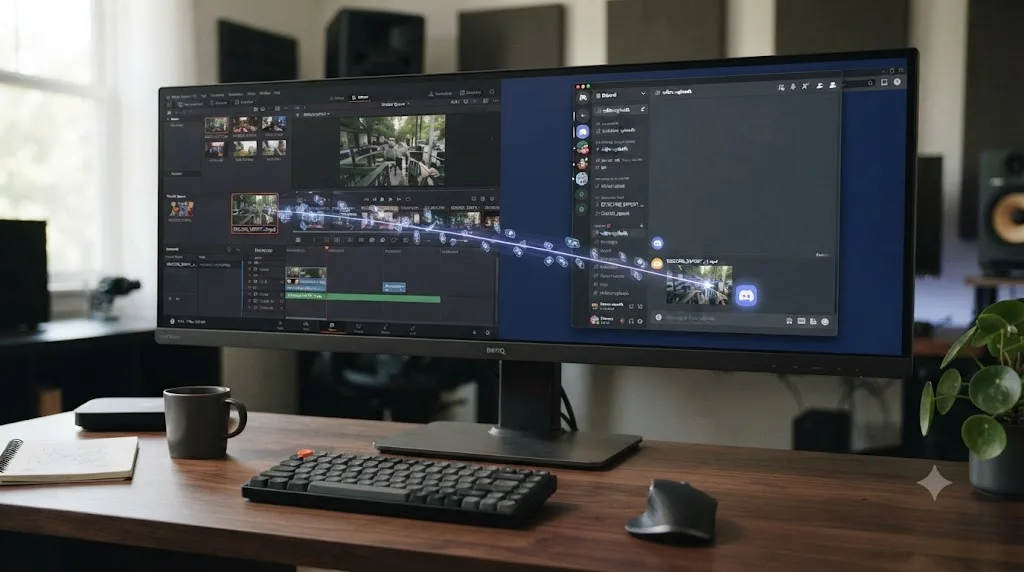 Illustration of a video file traveling directly from DaVinci Resolve's render queue into a Discord chat window with no re-encoding step
