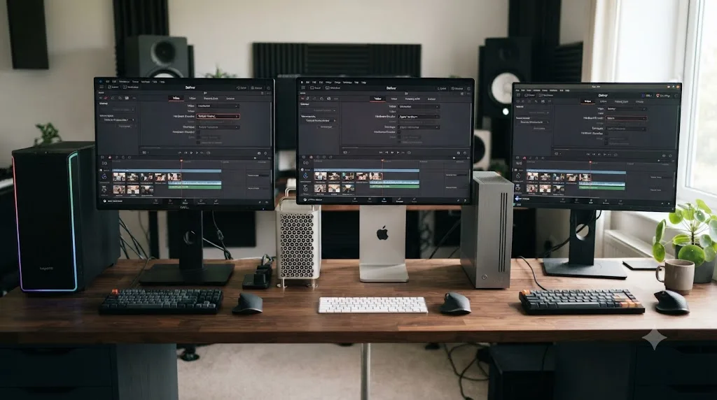 Illustration of three workstations on different operating systems each showing a different hardware encoder option