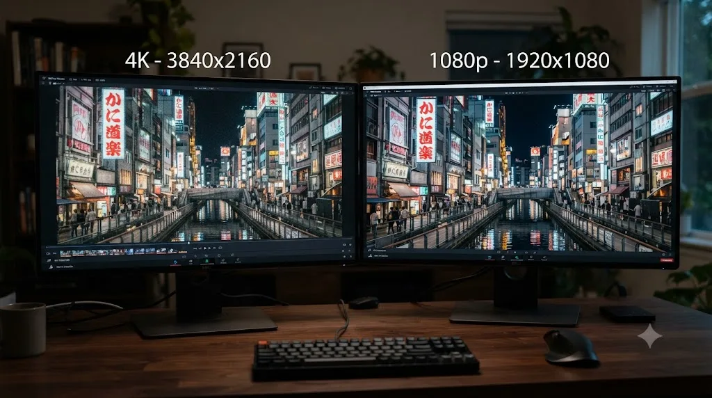 Illustration comparing a 4K and 1080p export at the same file size showing cleaner detail on the smaller frame