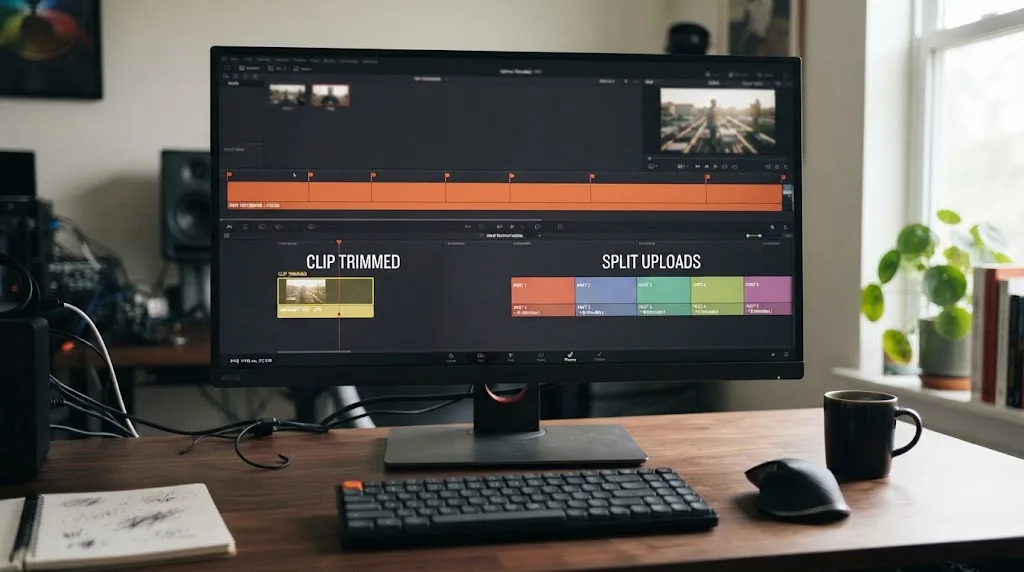 Illustration of a long recording being either trimmed to a highlight or split into multiple shorter uploads