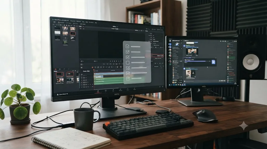 Illustration of a troubleshooting checklist overlaid on a rendered file's size next to a Discord upload bar