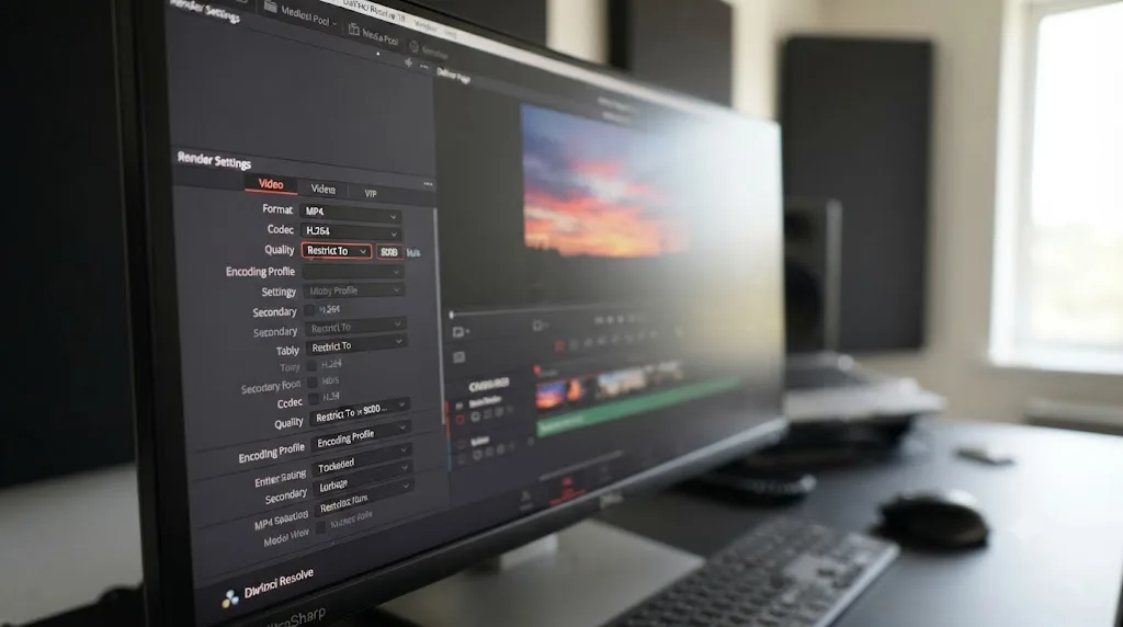 Illustration of the DaVinci Resolve Video tab with Format, Codec, and Restrict To quality settings configured