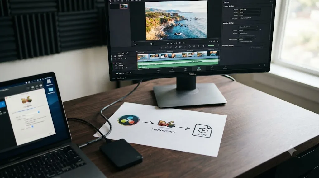 Illustration of a two-step workflow exporting from DaVinci Resolve then transcoding to WebM