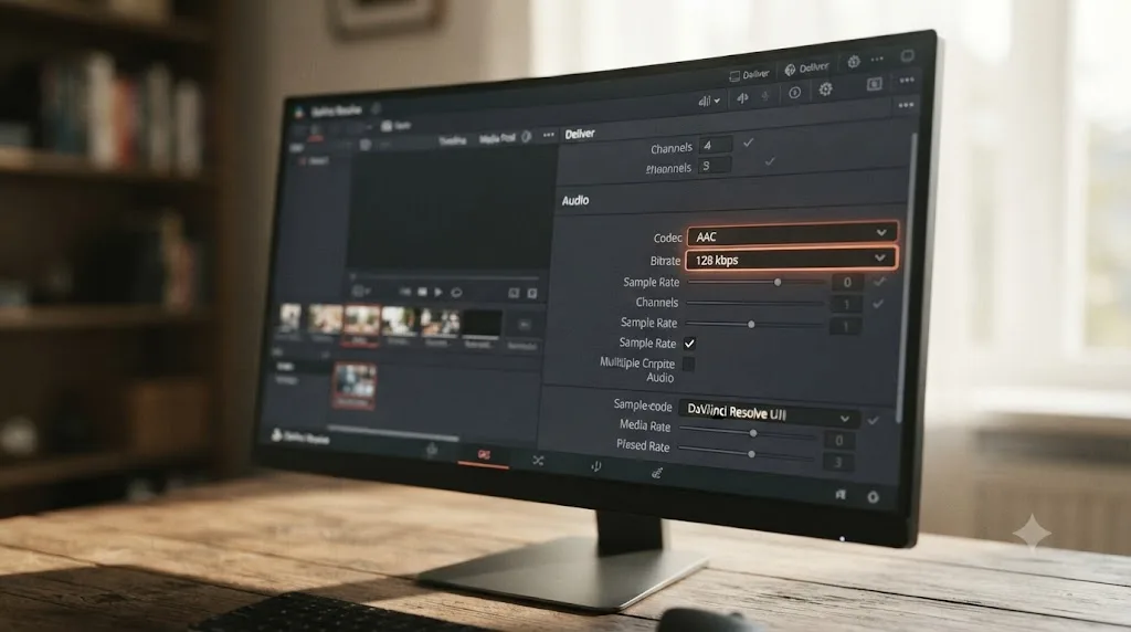 Illustration of DaVinci Resolve audio export settings with AAC codec and 128 kbps bitrate highlighted