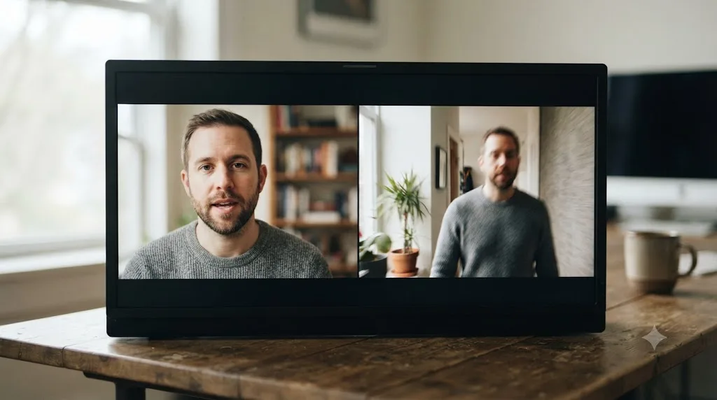 Illustration comparing video compression quality between a static talking head shot and a handheld walkthrough shot at the same bitrate