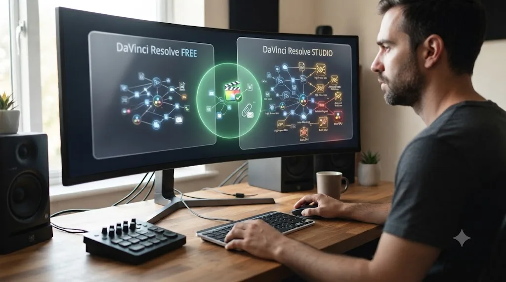 Illustration comparing DaVinci Resolve free and Studio export capabilities for a small email video export