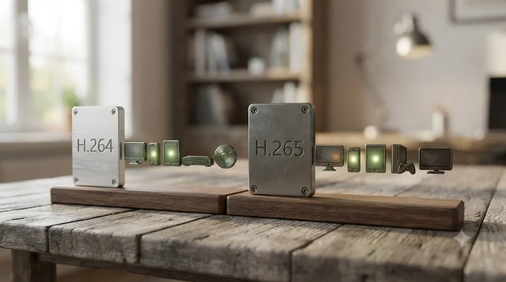 Illustration comparing H.264 and H.265 encoder compatibility across devices for an email video attachment