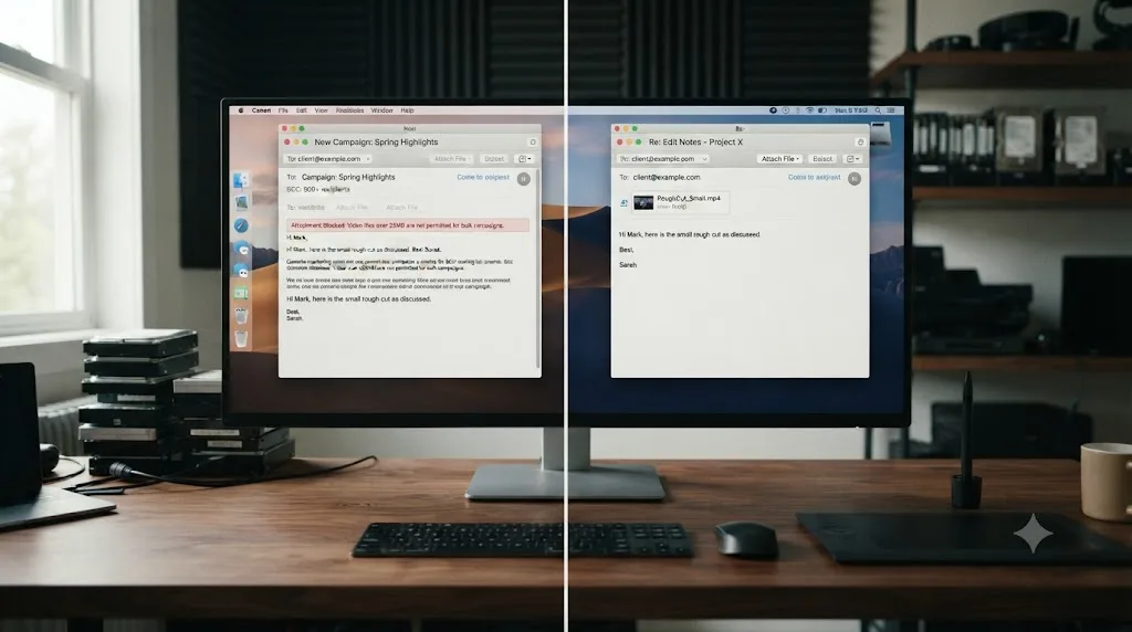 Illustration comparing a blocked bulk marketing email attachment against a successful one-to-one email video attachment