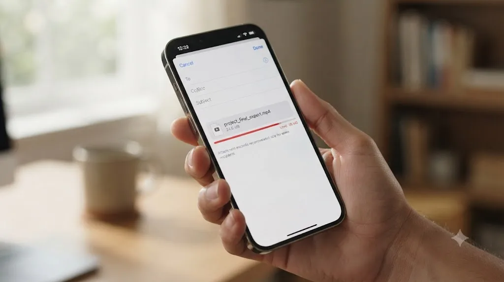 Illustration of a video attachment being sent from a phone email app showing the same size limit as desktop
