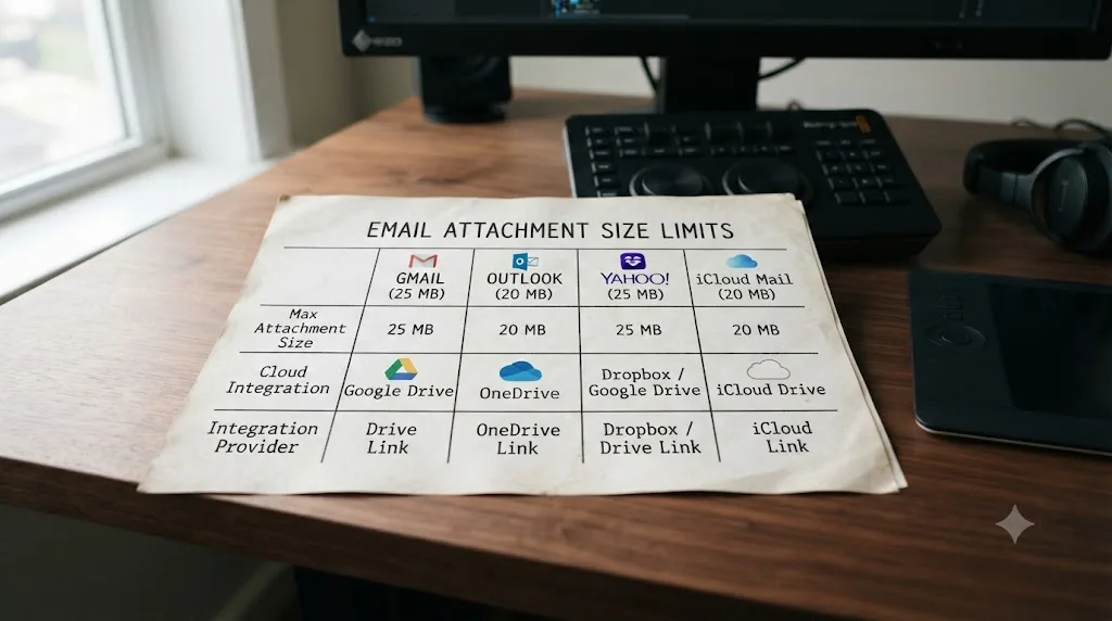 Illustration comparing email attachment size limits across Gmail, Outlook, Yahoo, and iCloud Mail