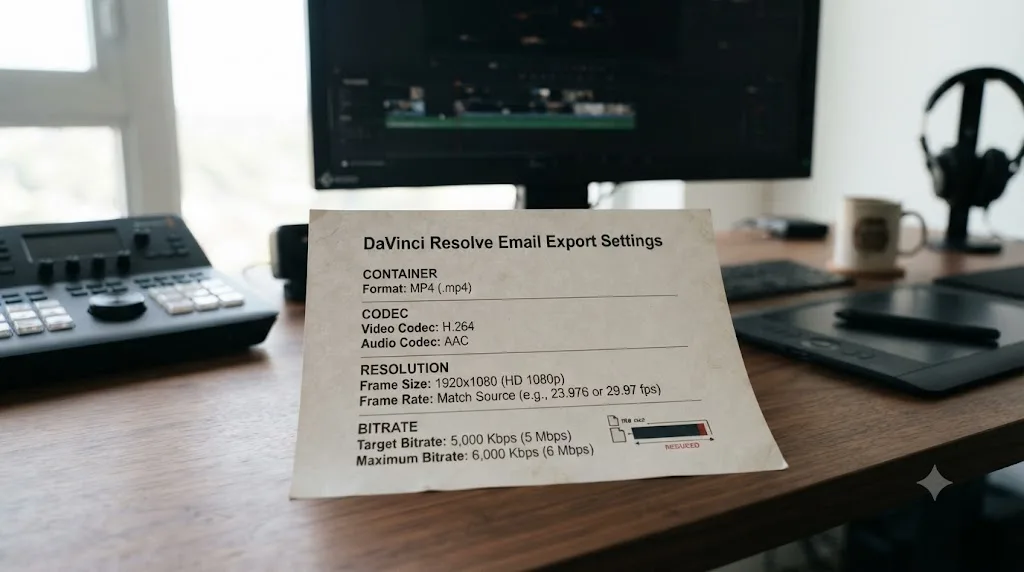Illustration of a settings sheet listing DaVinci Resolve export values for an email video attachment