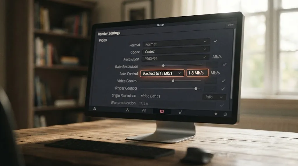 Illustration of the DaVinci Resolve render settings panel with the Restrict To bitrate field highlighted