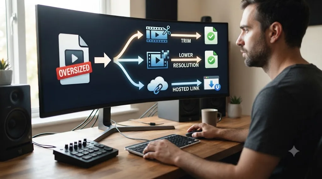 Illustration of three alternatives for a video too large to email, trimming, lowering resolution, or hosting a link
