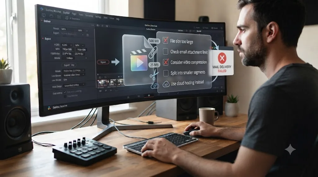 Illustration of a troubleshooting checklist overlaid on a bounced email attachment and a DaVinci Resolve export
