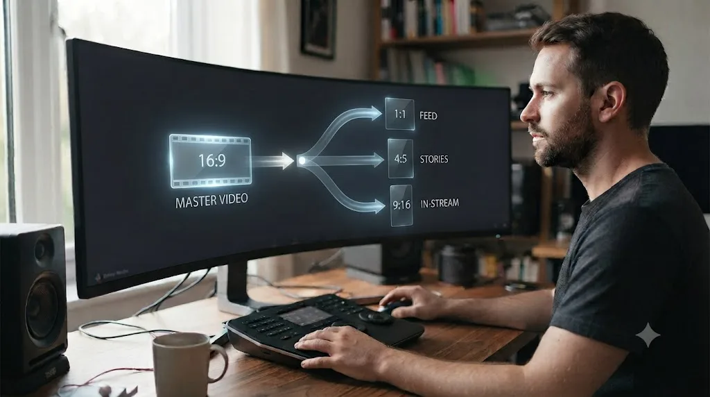 Illustration of one video branching into differently shaped exports for different Facebook ad placements