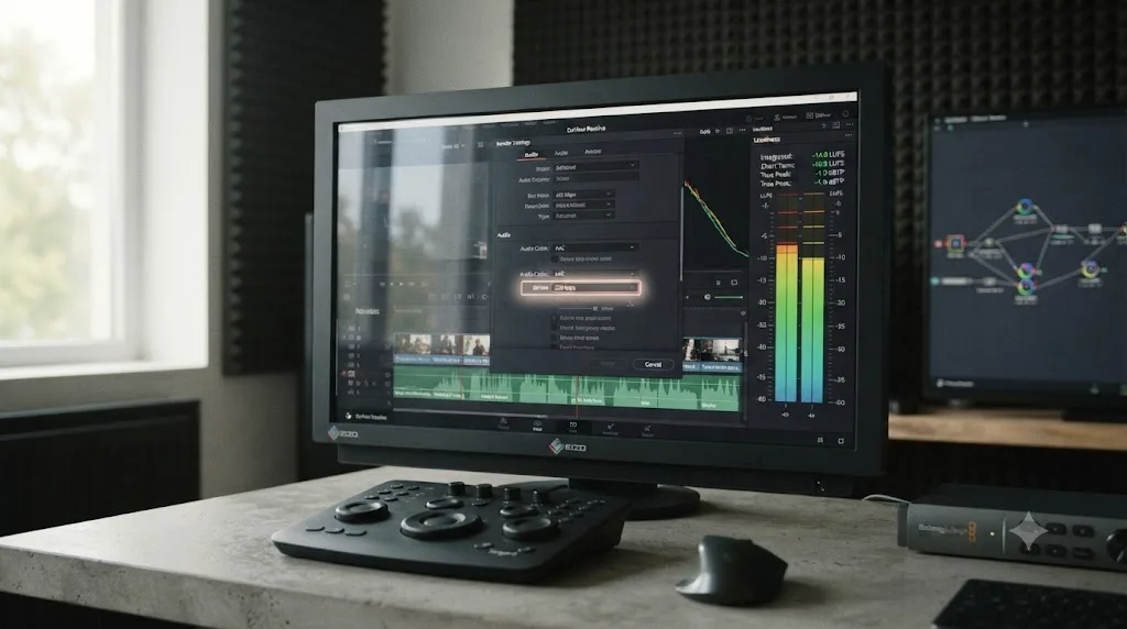 Illustration of the DaVinci Resolve audio export tab set to AAC with a loudness meter for a Facebook ad export