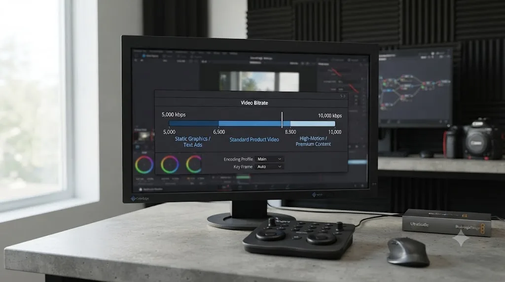 Illustration of a bitrate range slider from 5,000 to 10,000 kbps labeled by content type for Facebook video ads