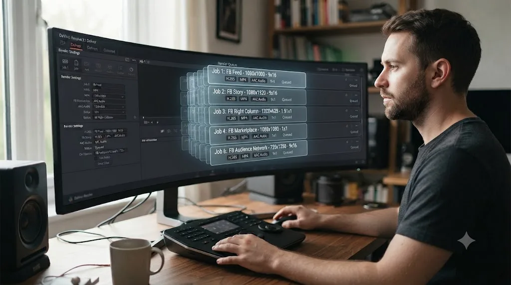 Illustration of the DaVinci Resolve Deliver page configured with multiple Facebook ad placement exports queued