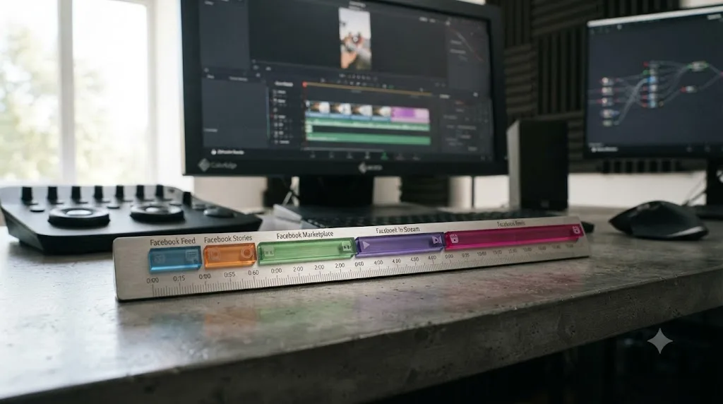 Illustration of a timeline ruler comparing Facebook ad duration limits across five placements