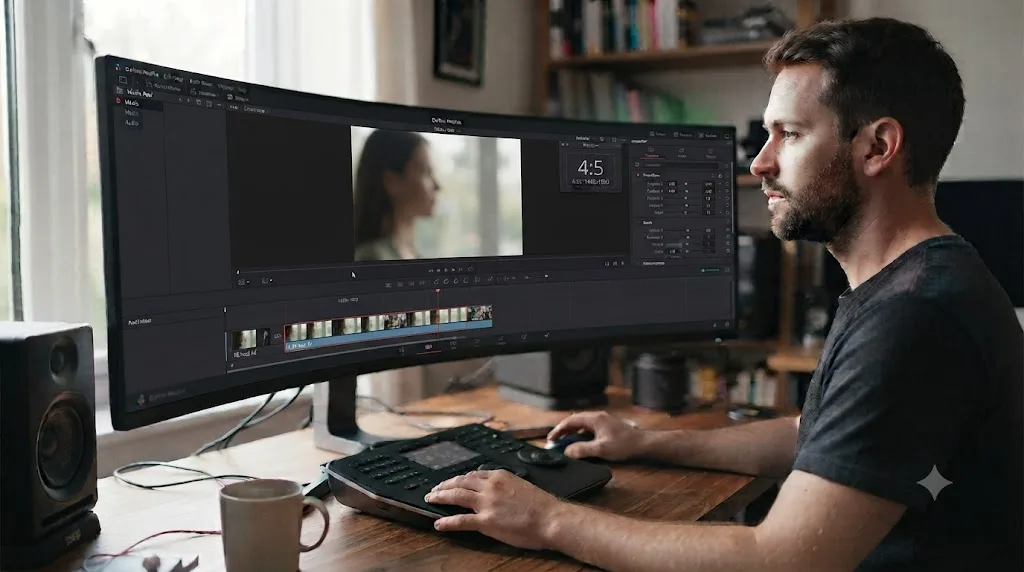 Illustration of a DaVinci Resolve timeline reframed to 4:5 for a Facebook Feed video ad export