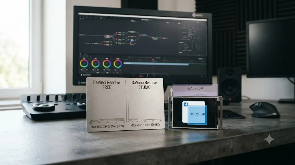 Illustration comparing DaVinci Resolve free and Studio export limits against Facebook video ad resolution requirements