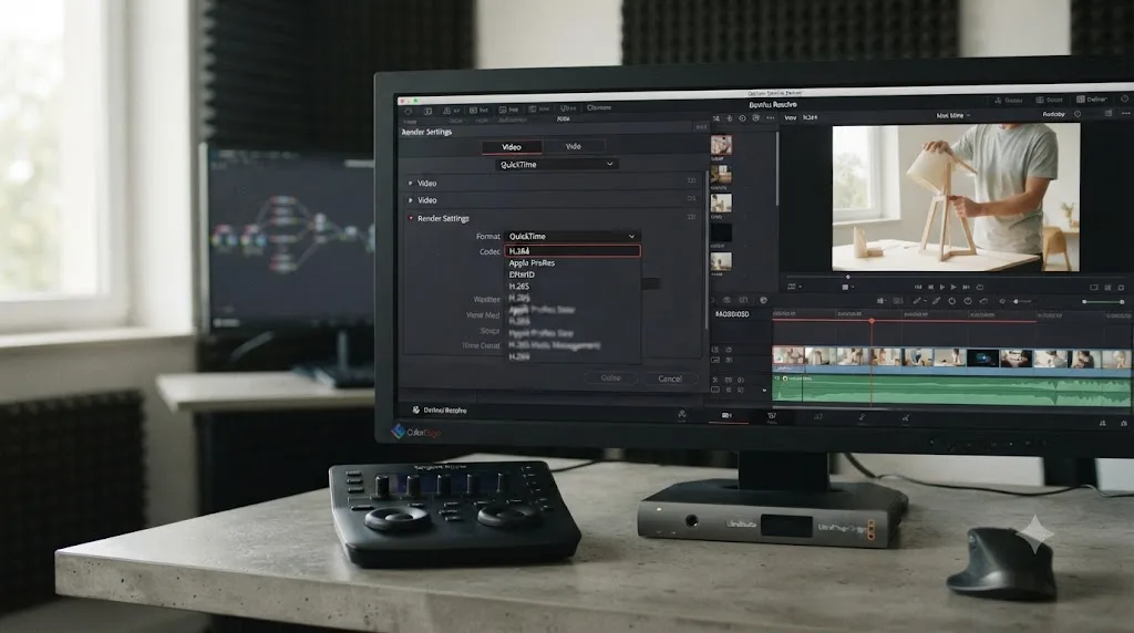 Illustration of the DaVinci Resolve Deliver page codec dropdown set to H.264 for a Facebook video ad export