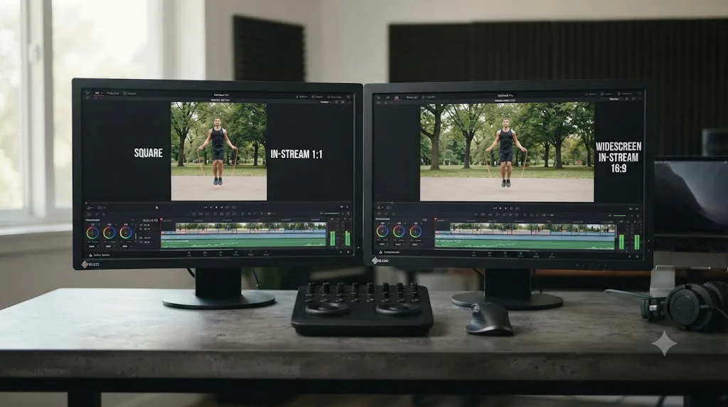 Illustration comparing square and widescreen export options for a Facebook In-Stream video ad