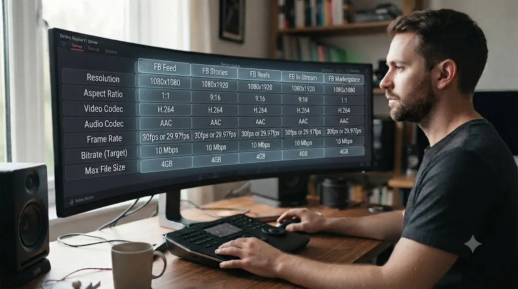 Illustration of a settings sheet comparing DaVinci Resolve export specifications across five Facebook ad placements