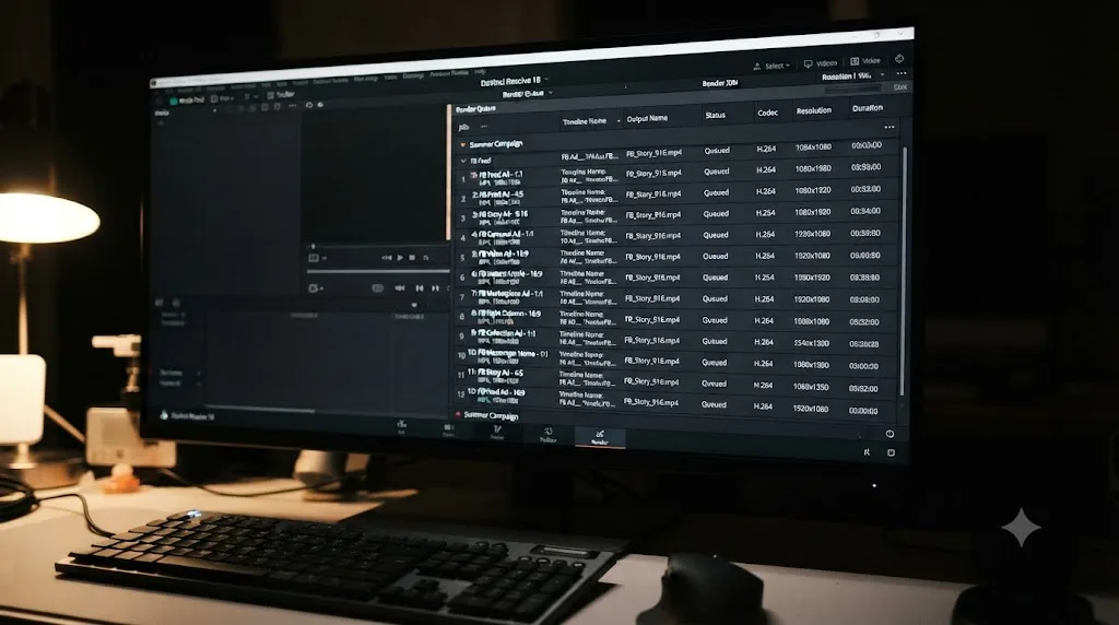 Illustration of a DaVinci Resolve Render Queue panel with multiple Facebook ad placement jobs queued for an overnight batch