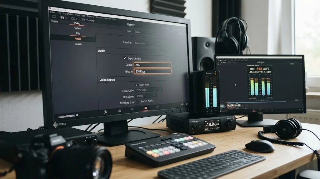 Illustration of the DaVinci Resolve audio export tab set to AAC with a loudness meter showing integrated LUFS