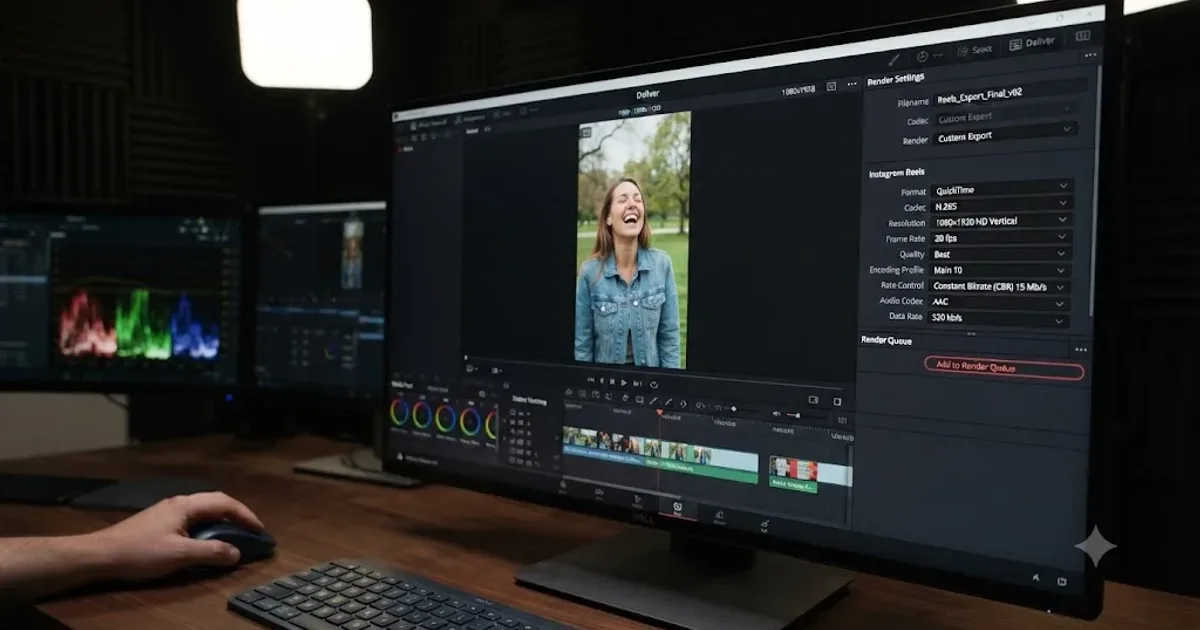 Illustration of the DaVinci Resolve Deliver page set up for a vertical Instagram Reels export