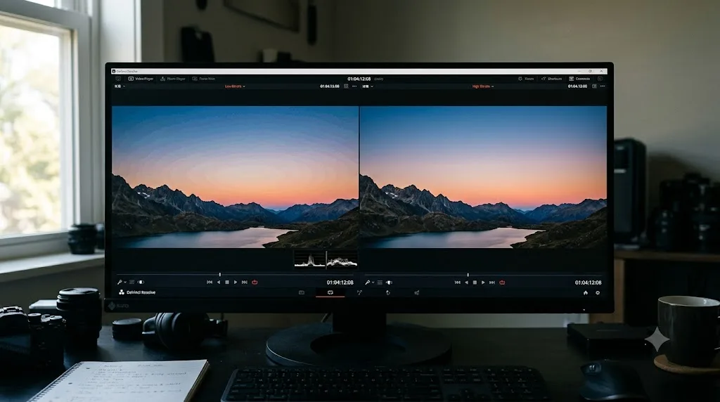 Illustration comparing a graded frame's sky gradient at low and high export bitrate showing banding differences
